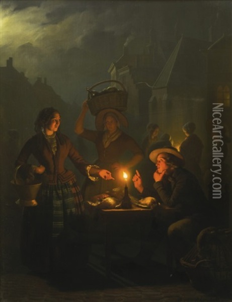 Night Market At The Groenmarkt, The Hague Oil Painting - Petrus van Schendel