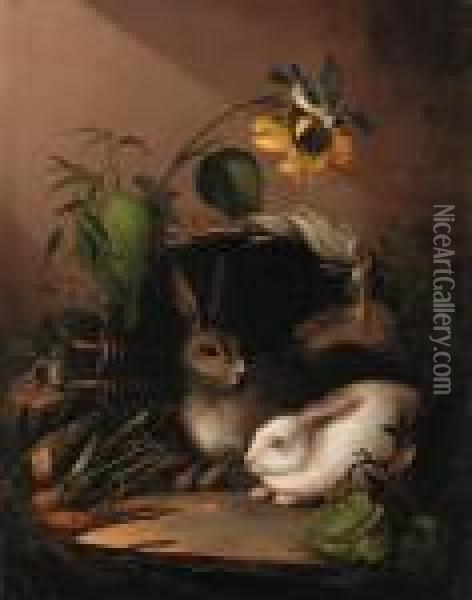Two Rabbits In An Upturned Basket With A Blue Tit On Asunflower Oil Painting - Johann Amandus Winck