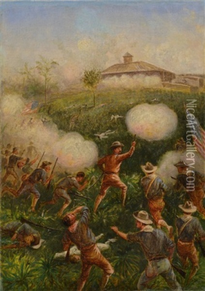 Theodore Roosevelt And The Rough Riders Storming San Juan Hill Oil Painting - William de la Montagne Cary