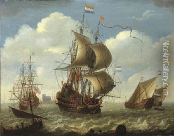English And Dutch Men-o'-war On The River Merwede, Dordrecht Beyond Oil Painting - Jeronymus Van Diest