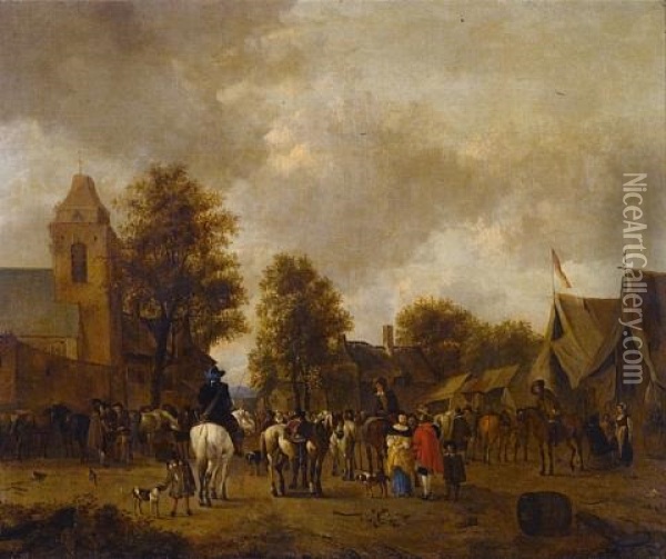 A Horse Fair In A Village Square Oil Painting - Jacobus Koolen