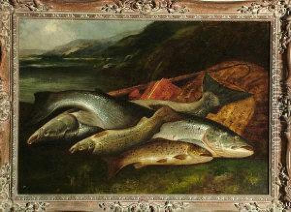 Salmon And Trout On A Lakeside Oil Painting - Henry Leonidas Rolfe