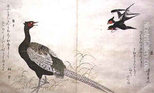 Pair of Chimney Swallows and a Green Pheasant, from an album Birds compared in Humorous Songs, 1791 Oil Painting - Kitagawa Utamaro