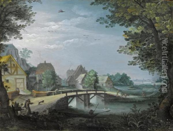 Broad Landscape With Bridge Before A Village Oil Painting - Anton Mirou
