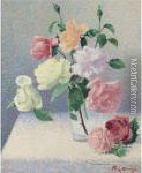 Bouquet De Roses Dans Un Verre Oil Painting - Achille Lauge
