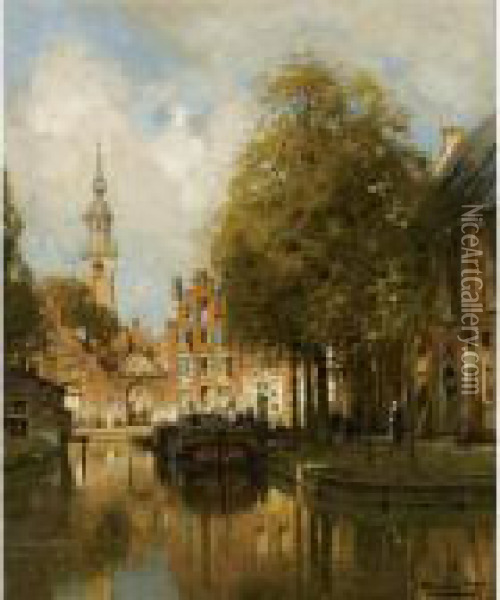 A Canal In Veere Oil Painting - Johannes Christiaan Karel Klinkenberg