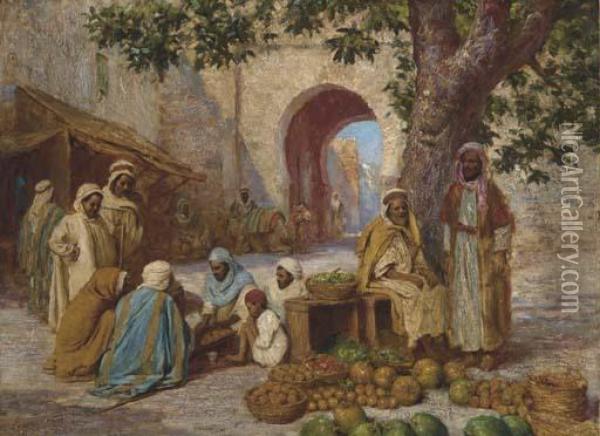Market Day Before The City Walls In Rabat Oil Painting - Arthur Trevor Haddon