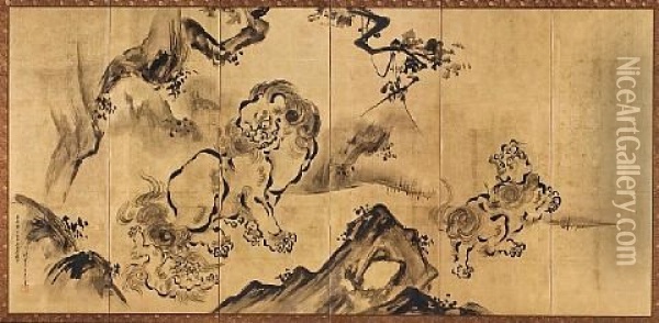 Chinese Lions (on 6 Panel Screen) Oil Painting - Eitoku Kano