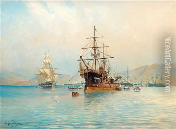 French Frigate Off The Coast Of The French Riviera Oil Painting - Herman Gustav af Sillen