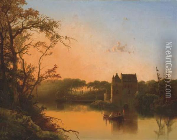 On The River By The Castle Oil Painting - Jacobus Augustinus De Rijk