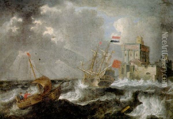 A Dutch Threemaster And A Wijdschip Offshore In A Gale, A Fortified Castle Beyond Oil Painting - Bonaventura Peeters the Elder