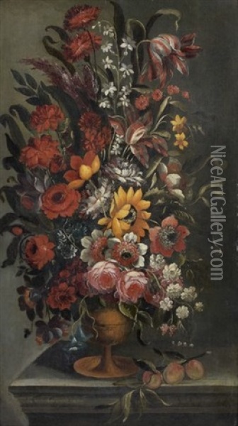 Bouquet De Fleurs Pose Sur Un Entablement Pres D'une Branche D'abricotier Oil Painting - Mario Nuzzi