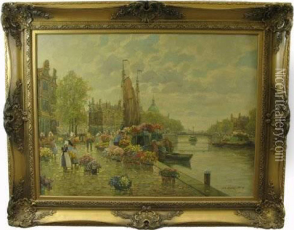 Flowervendors-amsterdam Canal Scene Oil Painting - Ottto Donner Von Richter