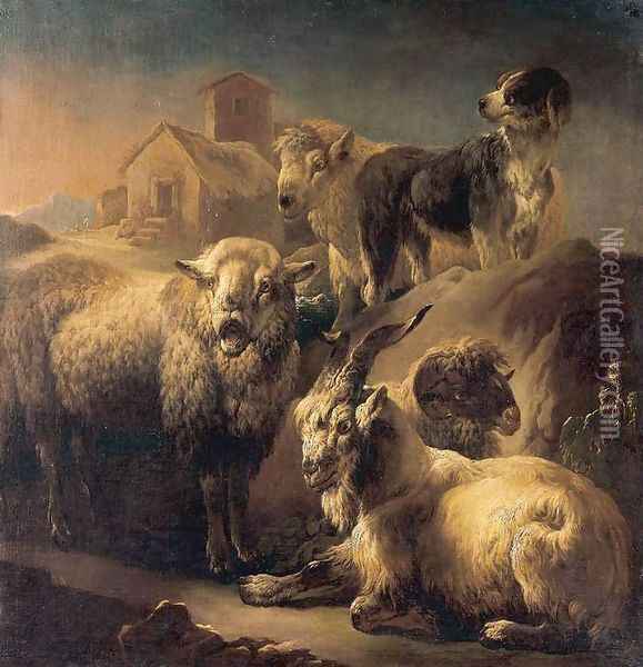 A Goat, Sheep and a Dog Resting in a Landscape Oil Painting - Philipp Peter Roos