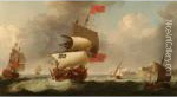 British Shipsunder Sail In Choppy Seas Beside A Coastline Oil Painting - Peter Monamy
