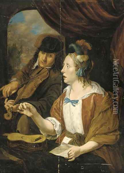 An elegant couple making music in an interior Oil Painting - Jacob Toorenvliet