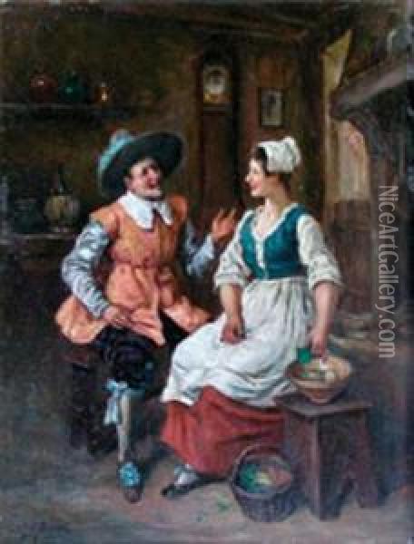 Conversation Galante Aupres De L'atre. Oil Painting - Gaston Bonfils