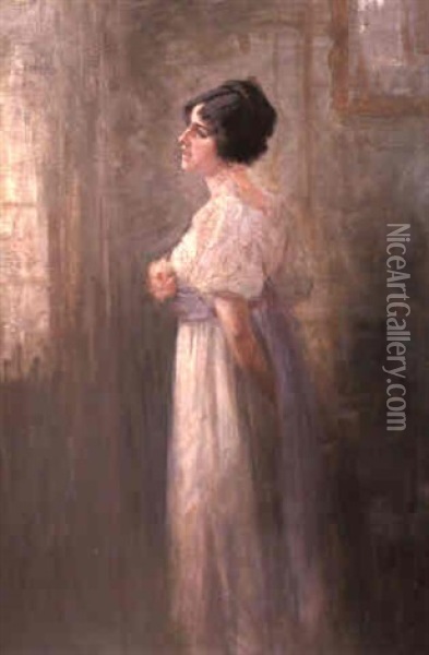 Girl In White Dress With Blue Sash & Wearing A Pink Flower Oil Painting - Tudor St. George Tucker