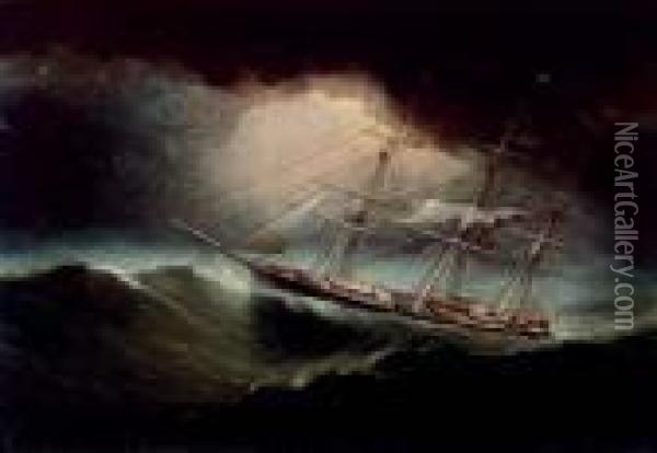 Young America Battling For Survival Through A Hurricane Oil Painting - James E. Buttersworth