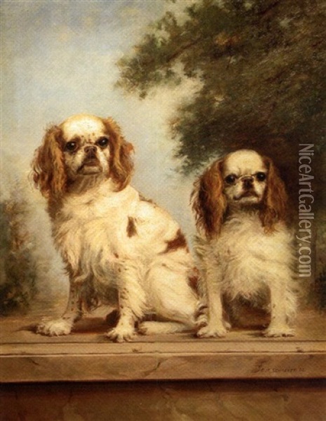 The Garden Wall, Two Cavalier King Charles Spaniels Oil Painting - Claudius W. Schreyer