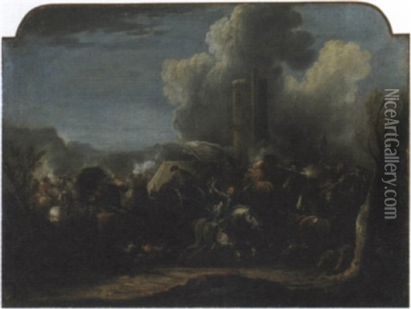 Scontro Di Cavalleria Con Torre Circolare In Lontananza Oil Painting - Ciriaco Parmigiano