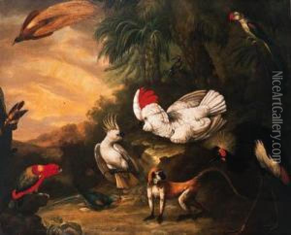 A Bird Of Paradise, A Moluccan 
And A Lesser Sulphar Crestedcockatoo, A Chattering Lory, A Banded 
Parakeet, A Crested Crane Anda Gibbon In A Tropical Landscape Oil Painting - Jakob Bogdani Eperjes C