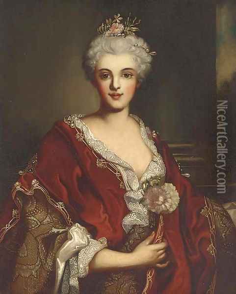 Portrait of a lady, half-length, in a red shawl and pearl head-dress Oil Painting - Nicolas de Largilliere