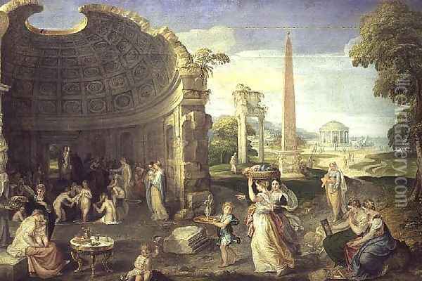 Landscape with classical ruins and women bathing, c.1552-53 Oil Painting - Lambert Sustris