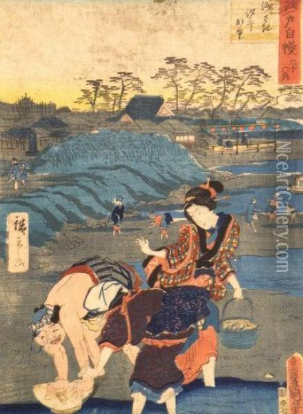 Selling Fish Oil Painting - Utagawa or Ando Hiroshige