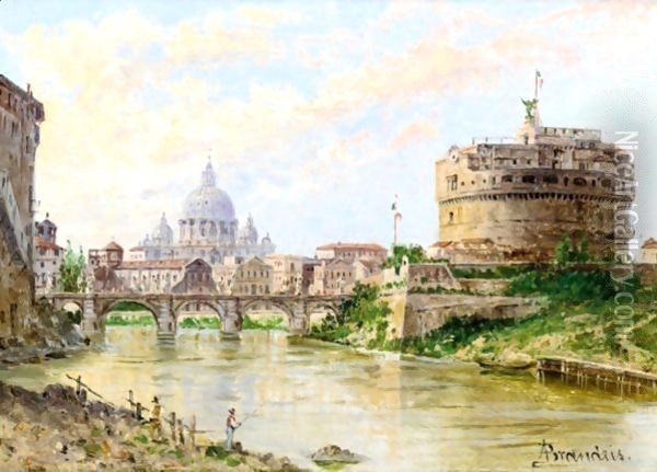 A View Of The Tiber With Castel Sant' Angelo And St Peter'S Oil Painting - Antonietta Brandeis