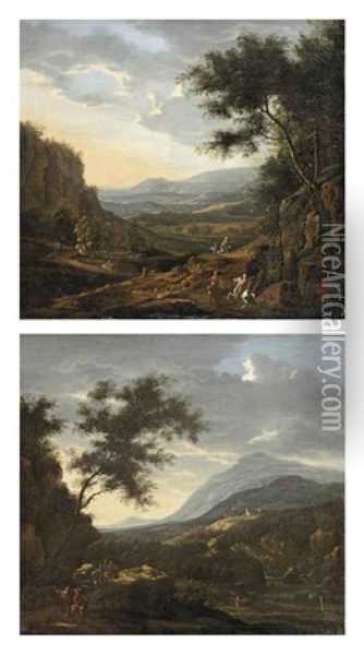A Mountainous Landscape With Horseman On A Track At Sunset (+ A Mountainous River Landscape With Horsemen On A Rocky Path At Dawn; Pair) Oil Painting - Willem Van Bemmel