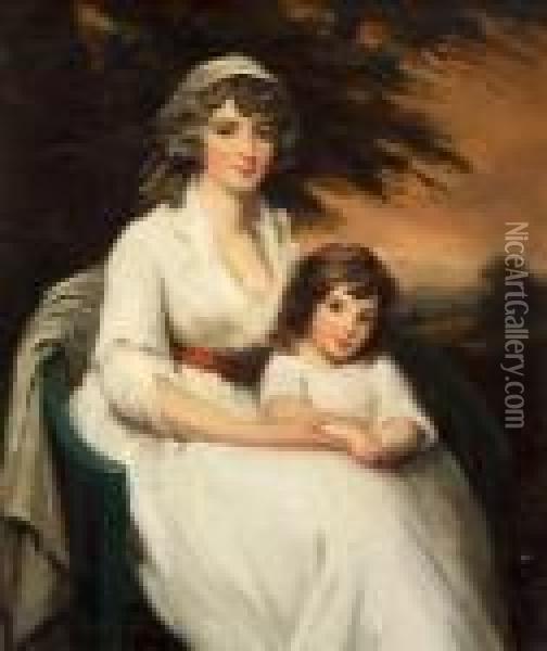 A Portrait Of A Lady, Seated, In A White Dress With Her Child In A Wooded Landscape Oil Painting - Sir Henry Raeburn