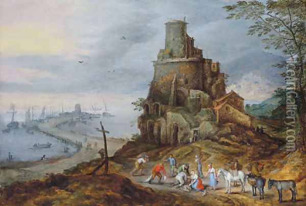 A coastal landscape with fishermen with their catch by a ruined tower Oil Painting - Jan Brueghel the Younger
