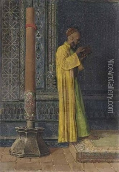 Interior Of A Mausoleum With A Figure Reading Oil Painting - Osman Hamdi Bey