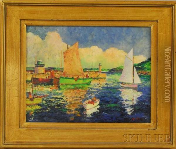 Moored Sailboats And Pier With Two Lighthouses Oil Painting - George Turland