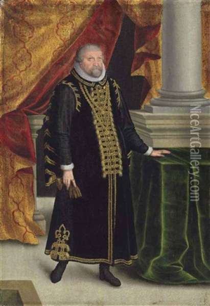 Portrait Of Johan Georges, Elector Of Brandenburg (1525-1598), Small Full-length, In Black Robes With Gold Embroidery And A Ruff Oil Painting - Zacharias Wehm