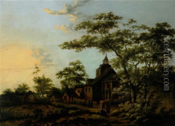 Blick Auf Ein Dorf Mit Rastenden Bauern Und Zwei Monchen In Einer Bewaldeten Landschaft Oil Painting - Cornelis Snellinck