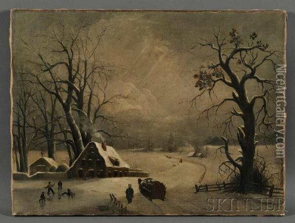 Winter Scene. Oil Painting - Joseph Rusling Meeker