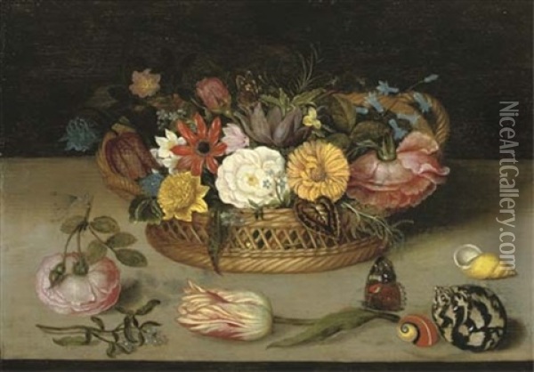 Roses, Tulips And Other Flowers In A Basket With Flowers, Shells, And A Butterfly On A Ledge Oil Painting - Ambrosius Bosschaert the Elder