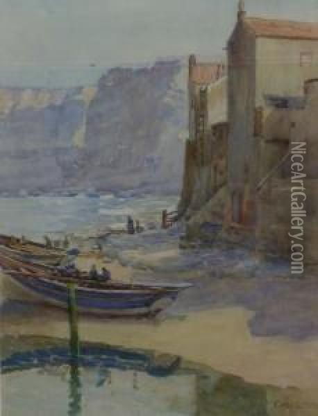 Cobles On The Beach Staithes Oil Painting - Frederick Stead