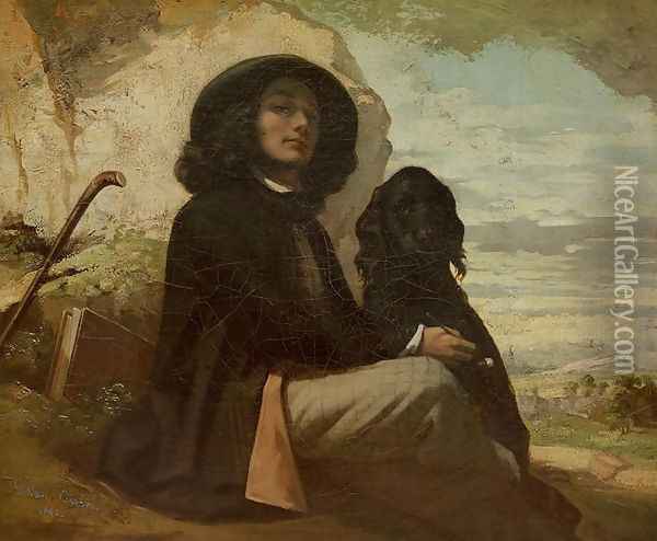 Courbet with his Black Dog, 1842 Oil Painting - Jean-Baptiste-Camille Corot