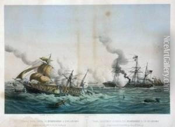Naval Engagement Between The Kearsarge & The Alabama Oil Painting - Louis Lebreton