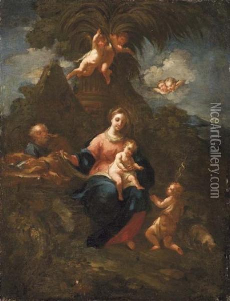 Sacra Famiglia E Angeli Su Sfondo Di Paesaggio Oil Painting - Carlo Antonio Tavella