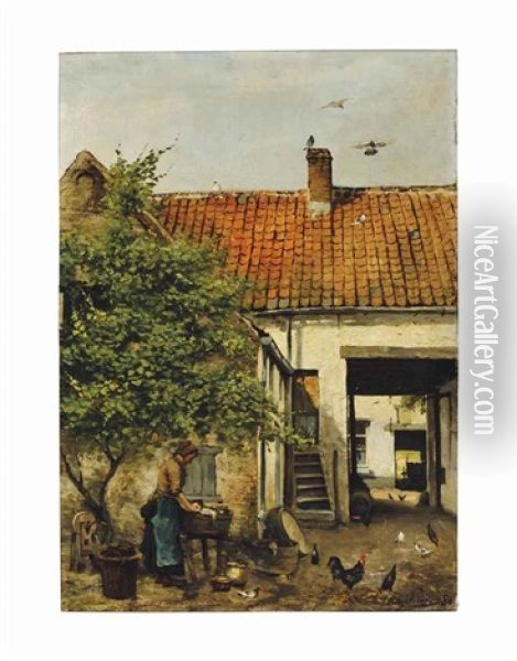 Washing In The Courtyard Oil Painting - Frans Jan Simons