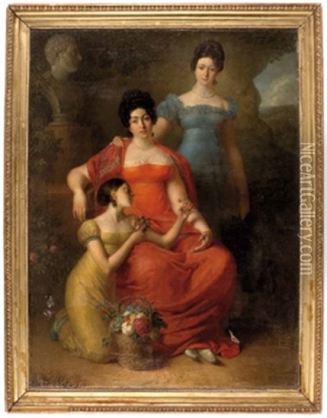 Drei Damen Des Hochadels (familienbild Mit Der Buste Des Verstorbenen Ehemannes) Oil Painting - Francois Pascal Simon Gerard
