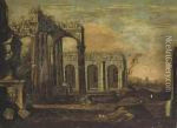 An Architectural Cappriccio Of Roman Ruins Oil Painting - Giovanni Ghisolfi