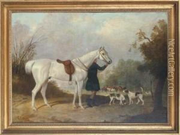 A Groom And Grey Hunter Waiting At The Covert Oil Painting - William Standish