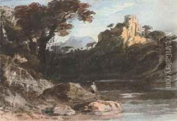 A Landscape With A River And A Castle On A Cliff Oil Painting - John Varley