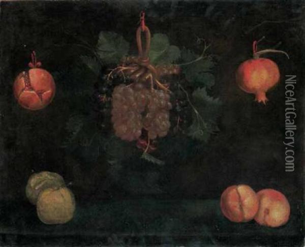 Natura Morta Con Grappolo D'uva, Cipolla, Melagrana, 
Pesche E Mele Oil Painting - Alejandro De Loarte