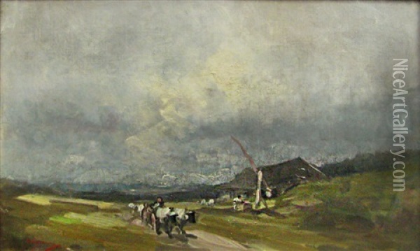 Cart With Oxen In The Tempest Oil Painting - Nicolae Grigorescu
